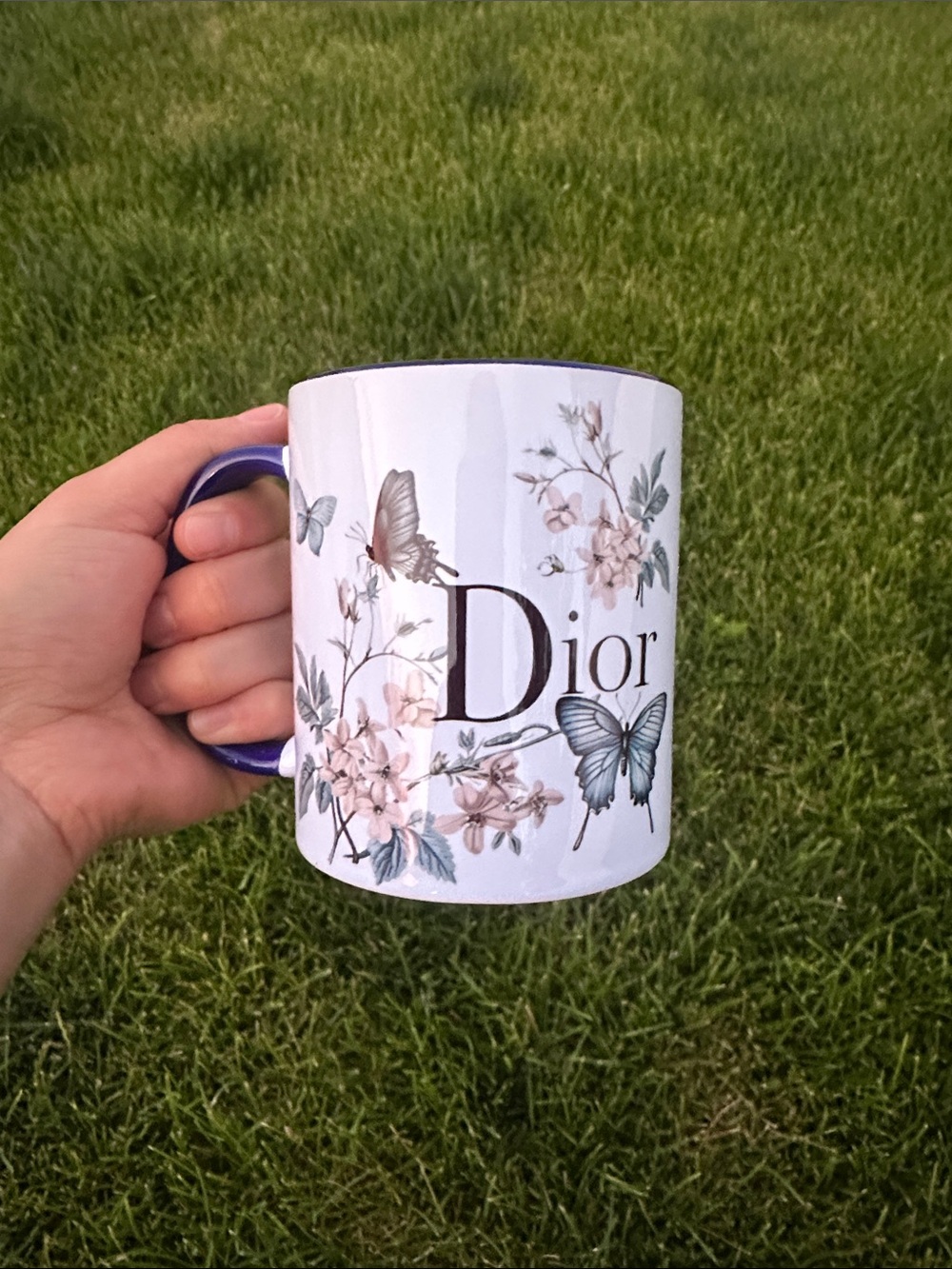 Dior White Ceramic Mug with Blue Handle and Butterfly Floral Print